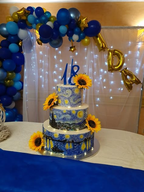 Starry Night Van Gogh Party Decorations, Van Gogh Birthday, Van Gogh Cake, 16th Birthday Aesthetic, Starry Night Birthday, Starry Night Cake, Gogh Cake, Night Birthday Party, Chocolate Cherry Cake