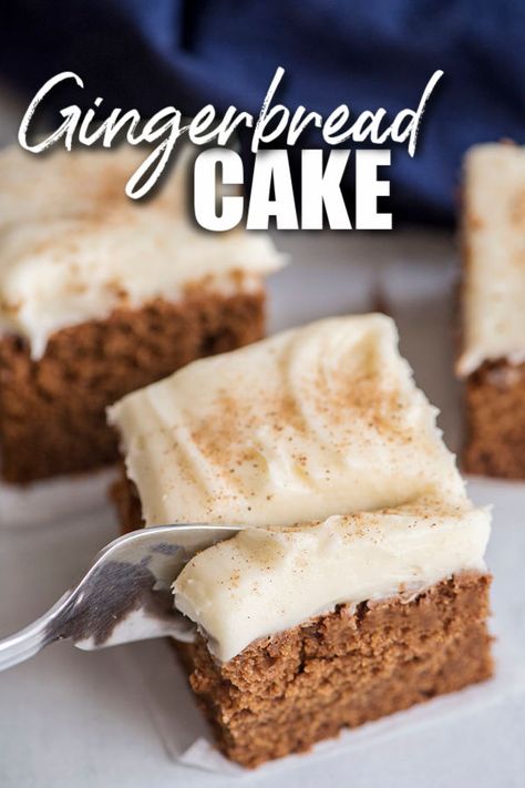 Grab your cinnamon, nutmeg, and allspice and make this tender and flavorful gingerbread cake topped with a cream cheese frosting from scratch in under an hour! | www.persnicketyplates.com Gingerbread Snack Cake, Gingerbread Cake With Cinnamon Frosting, Easy Gingerbread Cake, Gingerbread Loaf Cake, Frosting From Scratch, Easy Gingerbread Recipe, Spicy Cake, Fluffy Cream Cheese Frosting, Baked Items