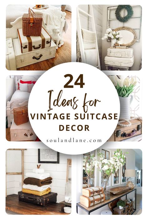 Add a touch of retro chic to your home with creative vintage suitcase decor ideas. From functional uses like stylish storage solutions to aesthetic purposes such as quirky plant holders, these old-fashioned suitcases offer endless possibilities for enhancing your space. Learn how to select the right suitcase for your project, considering factors like size, color, and condition. With these ideas, you'll be able to repurpose vintage suitcases into eye-catching decor pieces that celebrate the beaut Decorative Suitcase Ideas, Vintage Luggage Decor Ideas, Vintage Suitcase Decor Display, Decorating With Vintage Suitcases, How To Decorate With Old Suitcases, Vintage Suitcases Decor, Decorating With Suitcases, Old Suitcase Decor, Old Suitcase Ideas