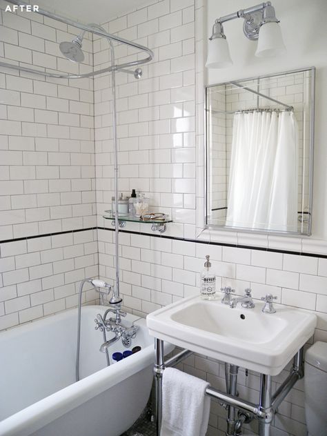 Traditional white bathroom in Brooklyn with dual-flush toilet, console sink, clawfoot tub, and marble floor tile and subway wall tiles from Lowes. Tile Rugs, Penny Round, Scandinavian Bathroom, Victorian Bathroom, Fireclay Tile, Bad Inspiration, Patterned Floor Tiles, Tiny Bathrooms, Bath Ideas