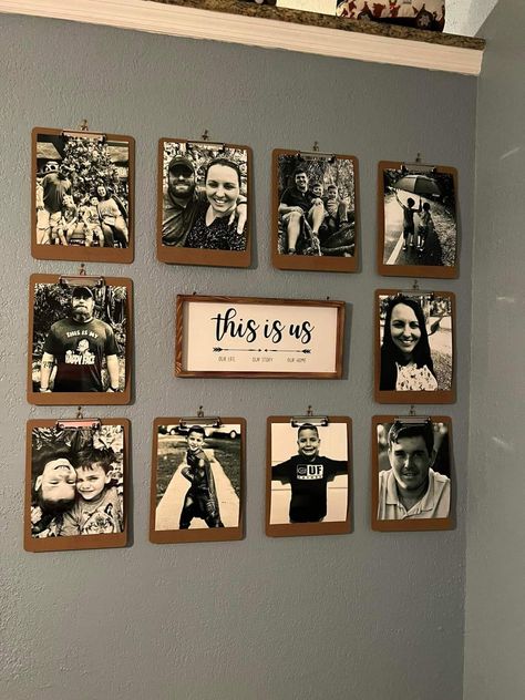 Picture Wall Ideas Small Living Room, Clipboard Photo Wall, Living Room Frames Wall Ideas, Modern Family Photo Wall, Large Blank Wall Ideas, Family Photos Wall Decor, Stairway Decor, Clipboard Art, Family Pictures On Wall