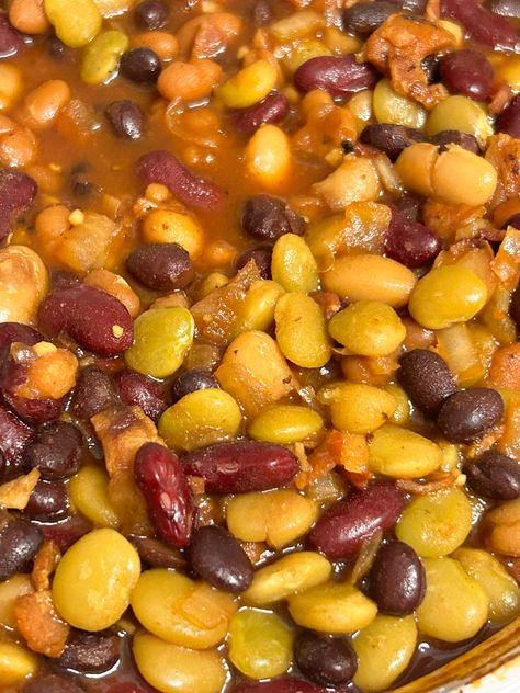 This wonderfully easy 5-bean baked beans recipe uses your choice of canned beans, bacon, and just a handful of pantry staples to make a hearty casserole-like dish. It's a classic crowd-pleaser that's perfect to serve as a main or side with other favorite comfort food dishes! 5 Bean Baked Beans Recipe, 5 Bean Casserole, 7 Bean Baked Beans, Mixed Baked Beans Recipe, Baked Beans From Canned Beans, Mixed Bean Recipes, Baked Bean Casserole, Beans Recipe Crockpot, Vegetarian Substitutes