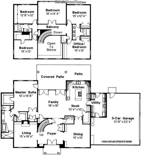 Two story house plan with down stair master Dröm Hus Planer, House Plans 2 Story, Bedroom Upstairs, 6 Bedroom House Plans, 2 Story House, 5 Bedroom House Plans, Floor Plans 2 Story, Two Story House Plans, Two Story House