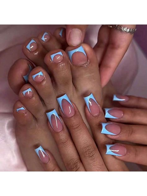 Blue and White  Collar   Colorblock,Graphic,Plants Color Nails Embellished   Nail,Hand & Foot Care Blue Nails And Toes, Blue Acrylic Toes, Blue French Tip Toes, Girly Acrylic, Acrylic Toe Nails, Polish Nails, Blue Acrylic Nails, Girly Acrylic Nails, Baddie Nails