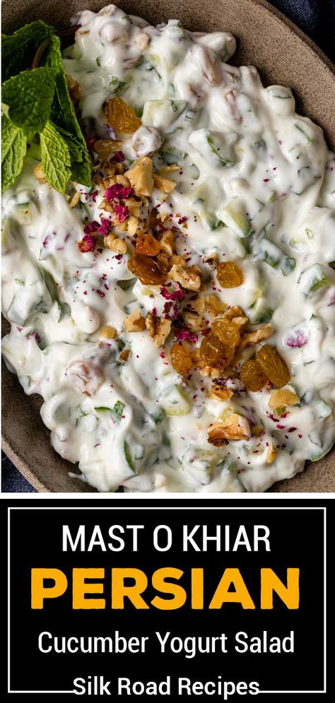 Persian Yogurt Cucumber, Iranian Salad Recipe, Mast O Khiar Recipe, Iranian Dishes Persian Recipes, Moroccan Recipes Side Dishes, Persian Vegetable Recipes, Persian Party Food, Persian Dishes Iranian Food, Persian Recipes Iranian