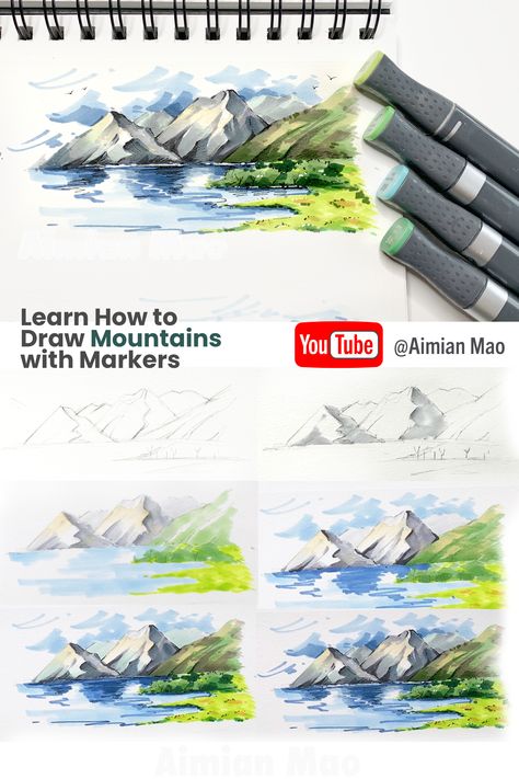 How to draw Mountain Tutorial on Youtube @Aimian Mao Landscape Alcohol Markers, Mountain Marker Drawing, Sketching With Markers, Landscape Marker Drawing, Copic Marker Art Tutorials, Marker Landscape Art, Alcohol Marker Landscape, Art With Alcohol Markers, How To Draw With Markers