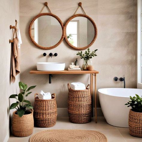 25 Brown Bathroom Ideas for Natural Beauty Brown Boho Bathroom, Bathroom Ideas Warm Tones, Airbnb Bathroom Ideas, Rustic Spa Bathroom, Light Brown Bathroom, Small Boho Bathroom Ideas, Beige And Brown Bathroom, Tan Bathroom Ideas, Warm Bathroom Ideas