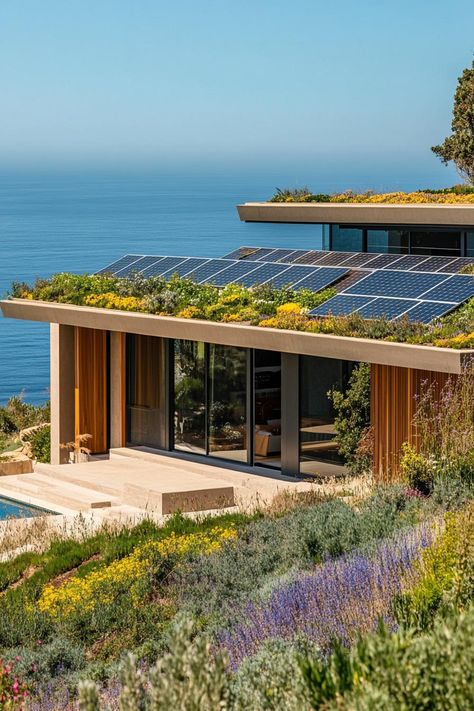 Modern California house facade with flat roof live garden and solar panels Malibu beachfront. Check out all of these fresh and stylish California Modern houses and their brilliant exteriors that wow the neighbors. Modern Hip Roof House, House With Flat Roof Design, Individual House Design, Sustainable Beach House, Solar Panels Roof Design, Solar Panel Design Architecture, Flat Roof Solar Panels, Modern Flat Roof House Design, Solar Panel House