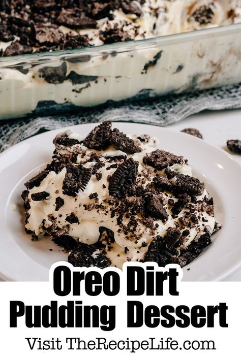 A serving of Oreo Dirt pudding Dessert on a plate. It's  layers of crushed oreos between a creamy layer of vanilla pudding, cream cheese, and Cool Whip. Dirt Pudding Dessert, Dirt Dessert Recipe, Dirt Pudding Recipes, Oreo Dirt Pudding, Dirt Cake Recipe, Oreo Cookie Dessert, Oreos Cookies, Dirt Dessert, Dirt Cake Recipes