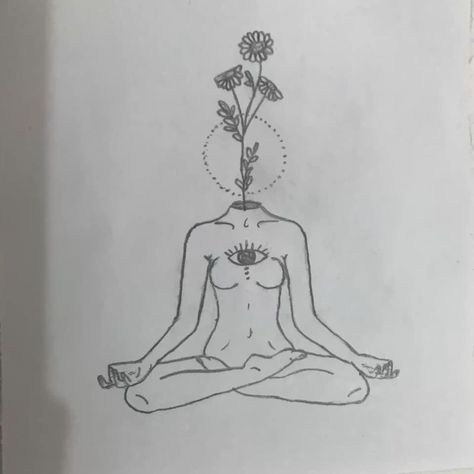 Meditating Drawing Reference, Spiritual Art Simple, Spiritual Sketches Art Journals, Spiritual Person Drawing, Journal Doodles Aesthetic Spiritual, Drawing Ideas Spiritual, Meditation Painting Spiritual, Meditating Woman Tattoo, Spiritual Art Sketch