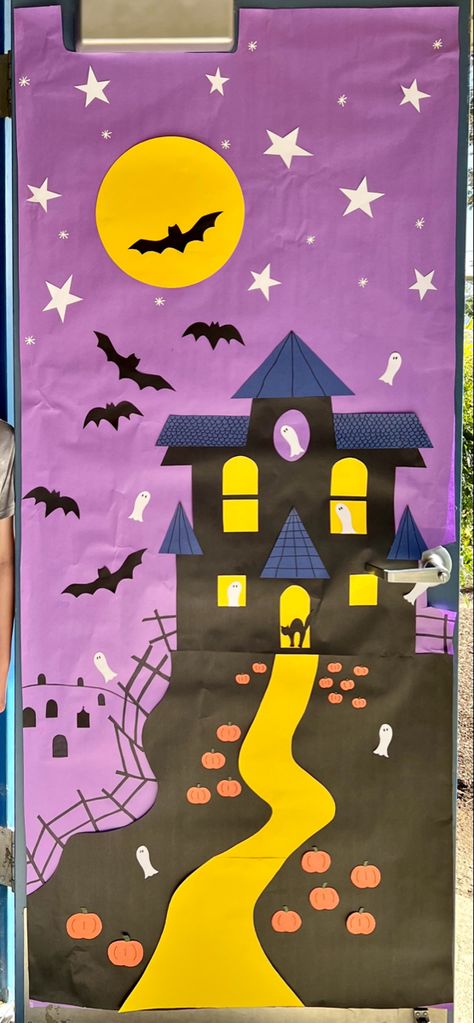 Classroom door, decorations, Halloween, haunted house on hill, bats, ghosts, moon, cat, pumpkin patch, stars Kids Halloween Door Decorations, Halloween Teacher Door Decorations, Bat Door Decorations For School, Ghost Door Decoration, Ghost Door Decorations Classroom, Halloween School Door, Haunted House Classroom Door, Classroom Door Halloween, Halloween Doors For Classroom