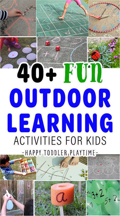 40+ Awesome Outdoor Learning Activities for Kids - HAPPY TODDLER PLAYTIME Outside Learning Activities For Kids, Outdoor Movement Activities Preschool, Outdoor Literacy Activities Preschool, Outdoor Play For Kindergarten, Outdoor Play Ideas For Preschoolers, Outside Activities For Kindergarten, Prek Outside Activities, Outdoor Learning Preschool, Outdoor Learning Centers Preschool