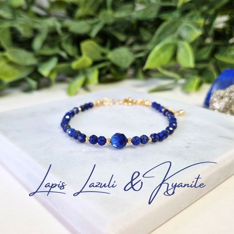 The bracelet is made of Natural Gemstones.  - Lapis Lazuli  - Kyanite ( central, bigger bead )  - Gold Vermeil (Gold Plated 925 Sterling Silver) Beads and Findings  Bracelet Length: 15cm + 5 cm extension chain.  It will be shipped with a velvet gift bag. Lapis Lazuli Beads, Bracelet Length, Crystal Bracelet, Gemstone Bracelets, Sterling Silver Bead, Crystal Bracelets, Silver Beads, Lapis Lazuli, Gold Vermeil