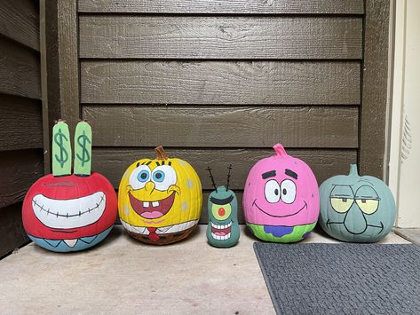 3 Pumpkin Painting Ideas, 2022 Pumpkin Painting Ideas, Sponge Bob Pumpkin Painting, Goofy Pumpkin Painting, Painted Pumpkins Cartoon Character, Halloween Pumpkins Painted Characters, Trio Pumpkin Painting Ideas, Best Painted Pumpkins, Avocado Pumpkin Painting