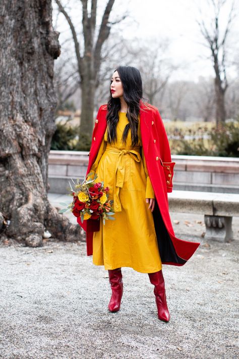 That pop of yellow invites sunshine and spring awakening. One of my favorite pairings with yellow is red. The colors of sunset, this combination is striking, warm, and joyful. Wendy's Lookbook, Yellow Outfit, Red Boots, Red Coat, Coat Outfits, Rose Dress, Ruffled Sleeves, Puff Sleeve Top, Colourful Outfits