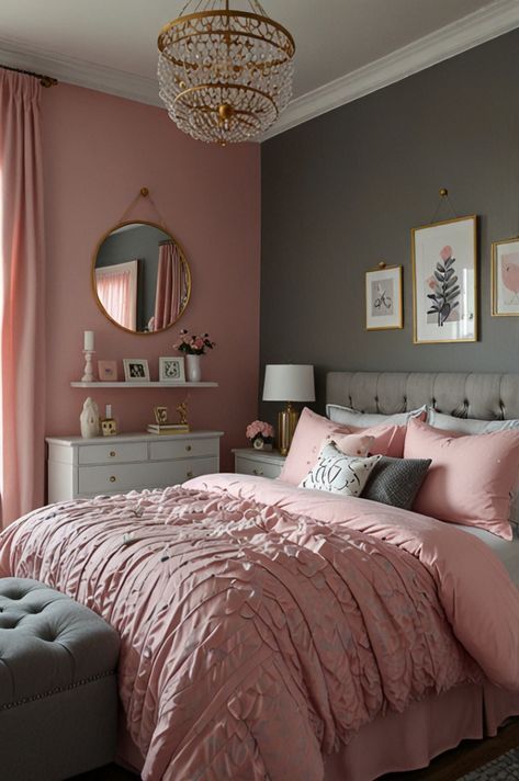 Pink Bedroom Furniture Ideas, Paint Color Room Ideas, Pink Chic Bedroom Decor, Bright Room Colors Bedrooms, Cool Colors To Paint Your Room Bedroom, Gray Room With Pink Accent Wall, Pink And Charcoal Bedroom, Victorian Bedroom Pink, Old Fashion Room Ideas Bedrooms