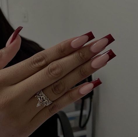 Maroon Acrylic Nails Coffin Designs, Wine Colored Acrylic Nails, Cherry Wine Nails Acrylic, Dark Cherry French Tip Nails, Wine Red French Tip Nails Square, Cherry Wine French Tip, Cherry Red French Tip Nails Square, Red Wine Acrylic Nails, Dark Cherry Red Nails French Tip