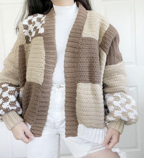 Brown Patchwork Cardigan, Patchwork Cardigan Crochet Pattern, Crochet Cardigan Brown, Patchwork Crochet Cardigan, Brown Crochet Cardigan, Baby Jumpsuit Pattern, Crochet Cardigan Tutorial, Crochet Queen, Crochet Brown