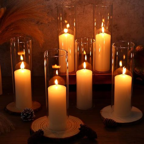 Amazon.com: Conelist 6 Sets Open Ended Hurricane Candleholders with Pillar Candles Hurricane Candle Holder Sleeve Bottomless Glass Candle Shade Cylinder Clear Chimney Tube for Home (3 x 10 Inches) : Home & Kitchen Candle Light Wedding Decor, Candles At Wedding, Pillar Candle Centerpiece, Candle Light Room, Candle Light Wedding, Candle Table Centerpieces, Clear Glass Candle Holders, Rectangle Tables, Tea Lounge