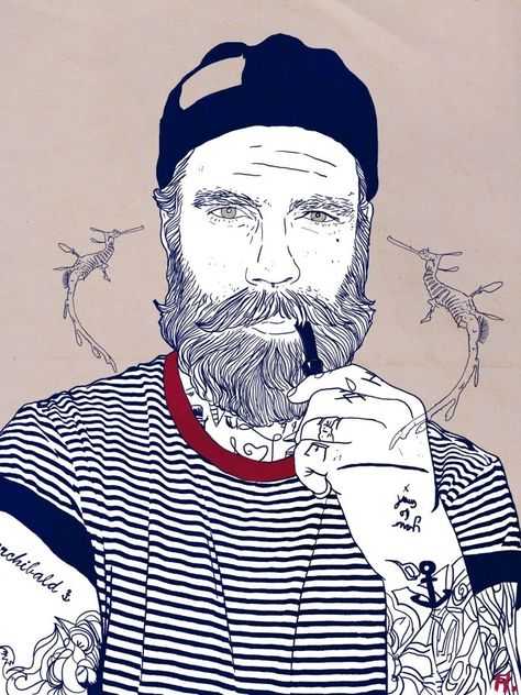 Sailor Illustration, Hipster Illustration, Beard Art, Juxtapoz Magazine, Art And Illustration, Urban Art, Portrait Drawing, Beards, Art Tattoo