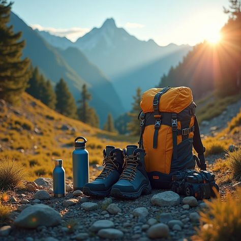 🏔️ Gear Up for Your Next Great Adventure! 🌲 ㅤ Are you ready to embark on an epic outdoor journey? Don't leave home without the essential gear that'll make your adventure unforgettable! ㅤ 📷 In this image: Our must-have adventure travel gear, set against a breathtaking mountain backdrop. From left to right: ㅤ 1. Rugged backpack: Carry all your essentials in comfort 2. Waterproof hiking boots: Conquer any terrain with confidence 3. All-weather jacket: Stay protected in unpredictable conditions 4... Hiking Bag Aesthetic, Travel Aesthetic Backpack, Travel Backpack Aesthetic, Hiking Boots Aesthetic, Gear Aesthetic, Rugged Backpack, Trekking Gear, Mountain Backdrop, Aesthetic Backpack