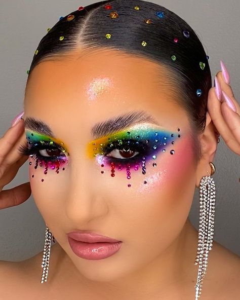 Pride Rhinestone Makeup, Rainbow Gem Makeup, Rainbow Rhinestone Makeup, Color Guard Makeup Ideas, Rainbow Makeup Looks, Color Guard Makeup, Crazy Eye Makeup, Gem Makeup, Rhinestone Makeup