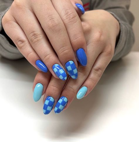 Savannah Dawson on Instagram: “🏁🏁 #gelnails #utahnails #nailart #nailfeed #nailinspiration #nailpower #nails #nailstagram #nailworld #bombnails #luminarynails…” Blue Mismatched Nails, Byu Nails, Blue Nail Designs Simple, Purple Checkered Nails, 2 Tone Nails, Blue Checkered Nails, Cute Blue Nail Designs, Two Tone Nail Designs, Checked Nails