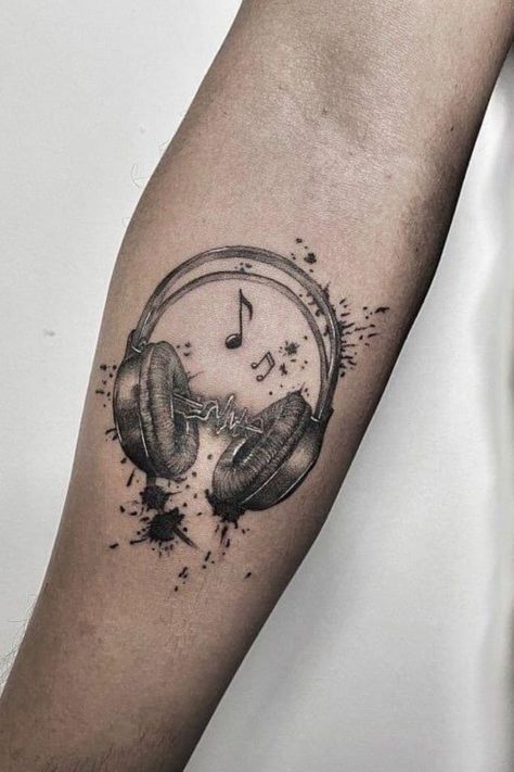 Music Tattoo Design 90s Music Tattoo Ideas, Music And Art Tattoo, Tattoo Music Ideas For Men, Tattoo Ideas For Men Music, Dj Tatoos, Headphone Tattoo Design, Dj Tattoo Ideas For Men, Music Lover Tattoo Ideas, Headphones Tattoo Design