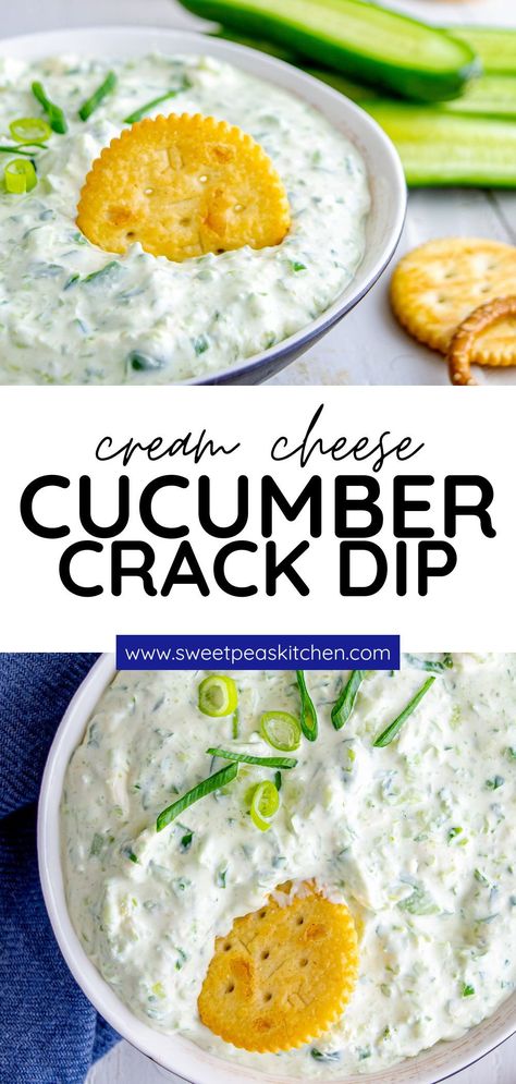 This creamy and refreshing Cucumber Cream Cheese Crack Dip is the perfect party appetizer or snack for any occasion. Its unique flavor profile is sure to please even the pickiest of eaters. Cucumber Party Appetizers, Cucumber Dip Recipe Cream Cheese, Cucumber Bites With Cream Cheese, Cucumber Baguette Appetizer, Creamy Cucumber Dip, Unique Cucumber Recipes, Recipes To Use Up Cucumbers, Cucumber Cracker Dip, Cucumber Cream Cheese Snack