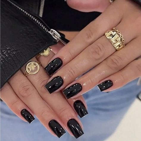 Super Cute And Stylish Ships In 5-10 Business Days Black Square Gel Nails, Black Small Acrylic Nails, Short Cute Square Acrylic Nails, Black Short Square Nails Ideas, Square October Nails, Matte Black Nails Red Bottoms, One Solid Color Acrylic Nails, Medium Square Black Nails, Black Nails Short Acrylic