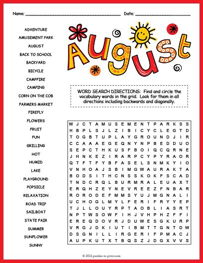 Free Printable August Word Search Search Word Puzzles, Word Search For 3rd Grade, August Word Search, Large Print Word Searches For Seniors, Wordsearches For Kids Free Printable, August Activities For Seniors, August Crafts For Seniors, Free Word Search Printables, August Worksheets