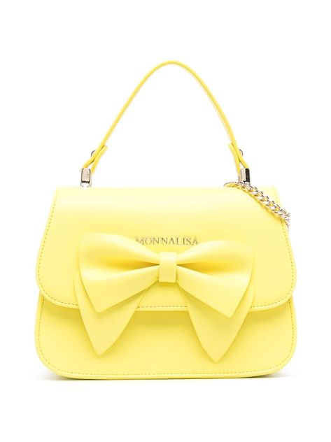 lemon yellow calf leather oversize bow detail gold-tone logo lettering gold-tone hardware foldover top with magnetic fastening detachable chain-link shoulder strap single flat top handle main compartment internal logo patch internal zip-fastening pocket Yellow Bag Aesthetic, Girly Items, Yellow Bags, Adagio Dazzle, Yellow Leather Bag, Disney Challenge, Yellow Purse, Yellow Tote Bag, Yellow Purses