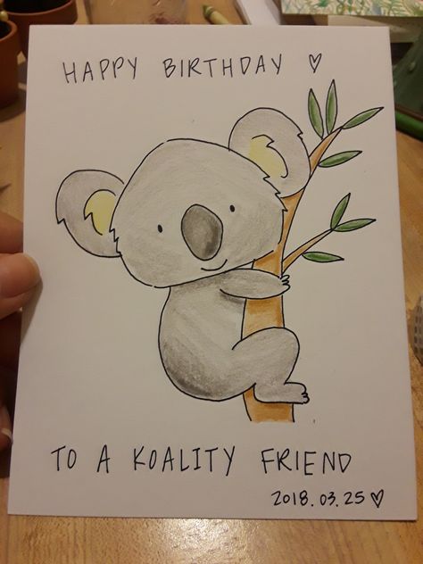 Koala Birthday Card Ideas, Koala Birthday Card, Koala Drawing Simple, Happy Birthday Drawing Ideas Easy, Koala Puns, Christmas Koala, Hand Painted Christmas Cards, Koala Drawing, Happy Birthday Drawings