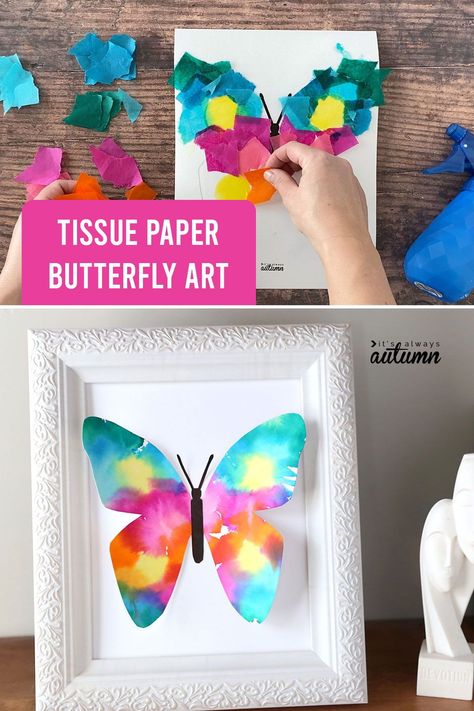 April Crafts For Kids, Tissue Paper Butterfly, Butterfly Art And Craft, Tissue Paper Art, April Crafts, Spring Art Projects, Butterfly Project, Tissue Paper Crafts, Project For Kids