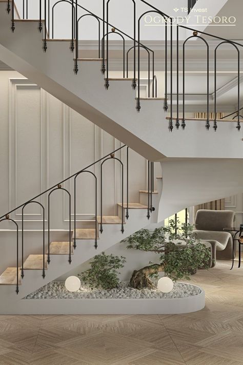 Parisian Staircase Railing, Outside Stairs Railing Ideas, Stairs Near Kitchen, Living Room With Stairs, Villa Stairs, Handrails For Stairs, Classic Staircase, Stairs Railing, Staircase Interior Design