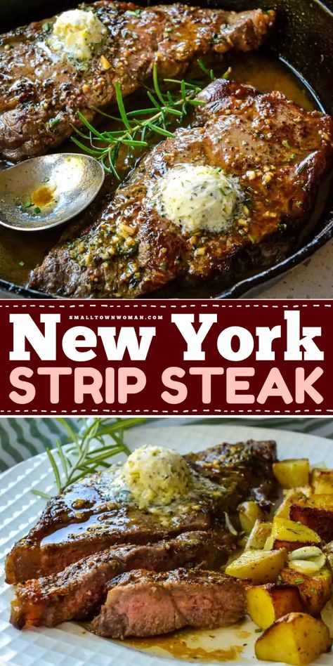 Impress family and guests with this easy dinner idea! This cast irons skillet recipe lets you have a foolproof New York Strip Steak. Seared then basted with garlic herb butter, this meat main dish is tender, juicy, and tasty! Essen, Ny Strip Steak Recipes Pan Seared, Strip Steak Recipe Oven, New York Steak Recipes, New York Steak Recipe, Steak Recipes Pan, Ny Strip Steak Recipes, Steak Recipes Pan Seared, Steak On Stove