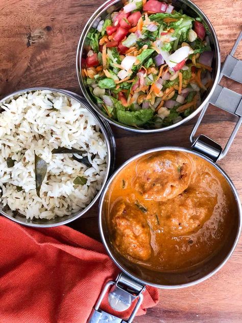 Lunch Box Ideas: Paneer Kofta, Ghee Rice & Salad Indian Food Lunch Box Ideas, Chaach Recipe, Indian Tiffin Recipes Lunch Boxes, Lunch Box Indian, Vegetarian Salads For Dinner, Salad Recipes High Protein, Paneer Rice, Salads For Dinner, Paneer Kofta