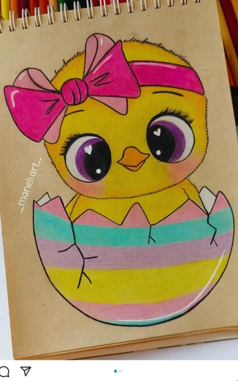 Cute Drawings With Color, Beautiful Drawings Easy Colourful, Cute Animal Drawings Easy, Drawing Ideas Color, Pencil Color Drawing, Cute Drawing Images, Easy Hand Drawings, Drawings For Kids