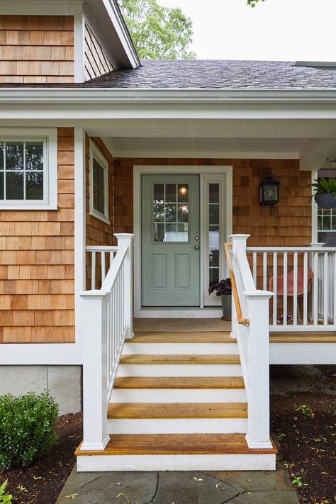 Coastal Exterior | Front Porch Ideas | Front Door with Sidelight | Red Cedar Shingles Front Door With Sidelight, Shingle House Exterior, Cedar Shake House, Door With Sidelight, Cedar Siding Exterior, Cedar Shingle Siding, Cedar Shake Siding, Coastal Exterior, Siding Ideas