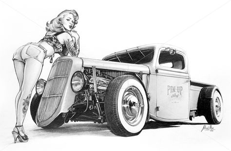 Pin Up Zeichnungen, Truck Tattoo, Dibujos Pin Up, Pin Up Drawings, Abstract Art Images, New Motorcycles, Motorcycle Art, Car Illustration, Pencil On Paper