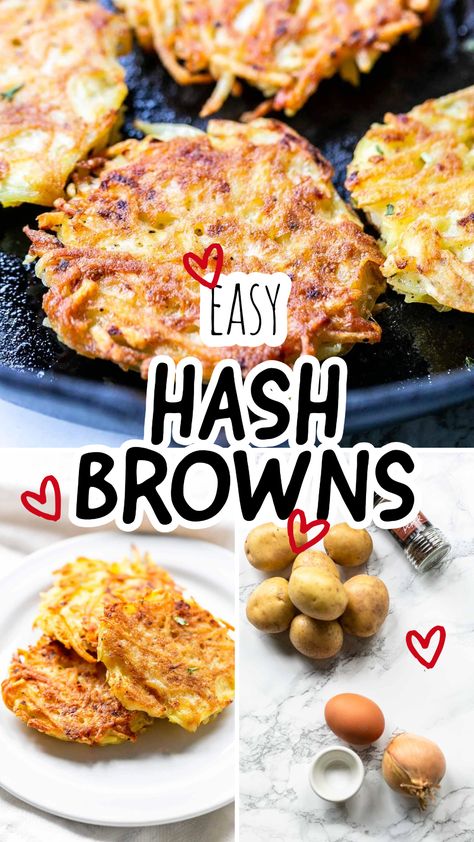 hash browns in a pan and on a plate How To Make Waffle House Hashbrowns, Hashbrown Potatoes Recipes, Country Hashbrown Recipes, Hash Browns For A Crowd, Restaurant Hashbrowns At Home, Hashbrowns In The Oven, Hash Browns Recipe, Homemade Shredded Hashbrowns, Hashbrowns From Raw Potatoes