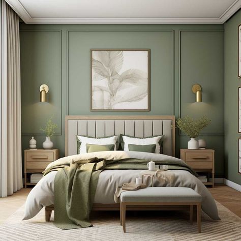 Best Paint Color For Bedroom With Oak Furniture, Green Palette Bedroom Ideas, Wall Decor Green Bedroom, Colour Walls Bedroom, Color Combination For Bedroom Wall, Scandinavian Bedroom Paint Colors, Oak Bed Bedroom Ideas, Green Brown Bedroom Ideas, Colourful Home Design