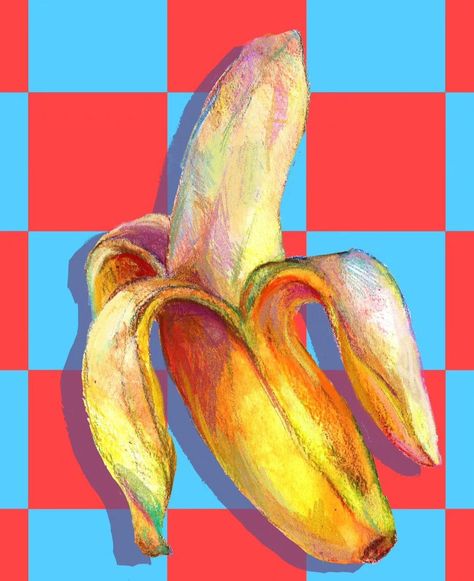 Yellow peeled bananas with red and blue checkered background Banana Painting, Watercolor Digital Art, Banana Art, Pop Art Illustration, Abstract Drawing, Fruit Illustration, Gcse Art, Fruit Art, Watercolor Pencils