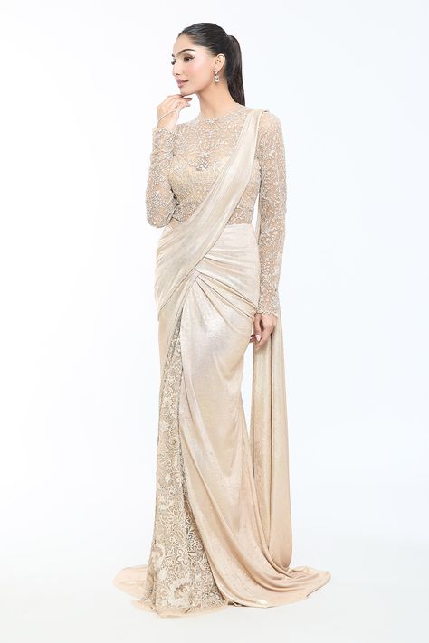 Shop for these amazing collections of Ivory Bodysuit Tulle Hand Embroidery Floral Pre-draped Concept Saree And Set For Women by Tarun Tahiliani online at Aza Fashions. Tarun Tahiliani Saree, Concept Saree, Embroidered Bodysuit, Set Saree, Saree Blouse Patterns, Drape Saree, Sheer Bodysuit, Designer Saree Blouse Patterns, Tarun Tahiliani