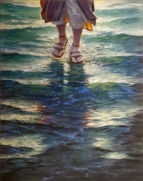 Walking On Water by Mick McGinty Crucifixion Art, Peter Walks On Water, Jesus Art Drawing, Lion Of Judah Jesus, Walking On Water, Jesus Drawings, Bible Words Images, Pictures Of Christ, Heaven Art