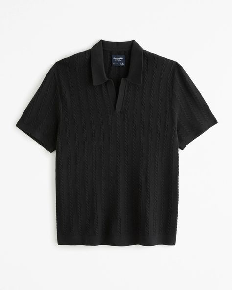 Men's Stitched Johnny Collar Sweater Polo | Men's Tops | Abercrombie.com Abercrombie Men, Sweater Polo, Johnny Collar, Polo Men, Cable Stitch, Button Sweater, Black Polo, Men's Tops, Short Sleeve Pullover