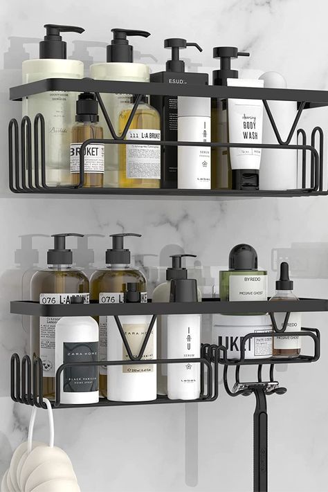 Black adhesive bathroom organizer, 3 pack, aesthetic bathroom storage Soap Rack Bathroom, Aesthetic Shower Storage, Shower Toiletries Storage, Shower Rack Aesthetic, Bathroom Shower Soap Holders, Body Wash Shower Holder, Shower Organisation, Shower Organization Aesthetic, Black Shower Caddy