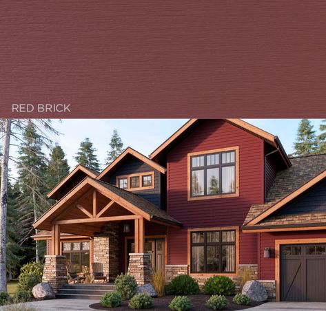 Siding Color: Red Brick |  SolarDefense Reflective Technology™ colors are darker than anything Mastic has offered to date. These rich new siding colors add bold palette options to our already high performing light and mid-tones. Brown House, Modern Farmhouse Exterior, Red House, Farmhouse Exterior, Exterior Siding, Wood Trim, Brick House, Wood Doors, Exterior Paint