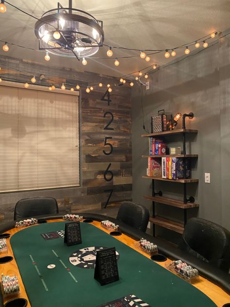 #stikwood #pokerroom #industrial Poker Room In House, Basement Poker Room, Poker Room Ideas Interior Design, Home Poker Room, Poker Room Ideas, Deco Bar, Poker Room, Poker Night, Basement Ideas