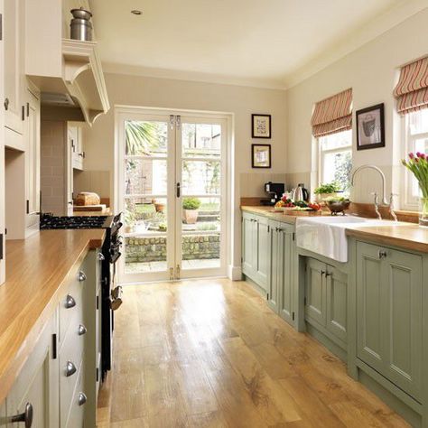 Galley kitchen with French doors | House N Home Inside | Pinterest ... Soft Green Kitchen, Garage Adu, Kitchen Ideals, Green Kitchen Cabinets, Cottage Kitchens, Country Style Kitchen, Thatched Cottage, Green Cabinets, Kitchen Decorating